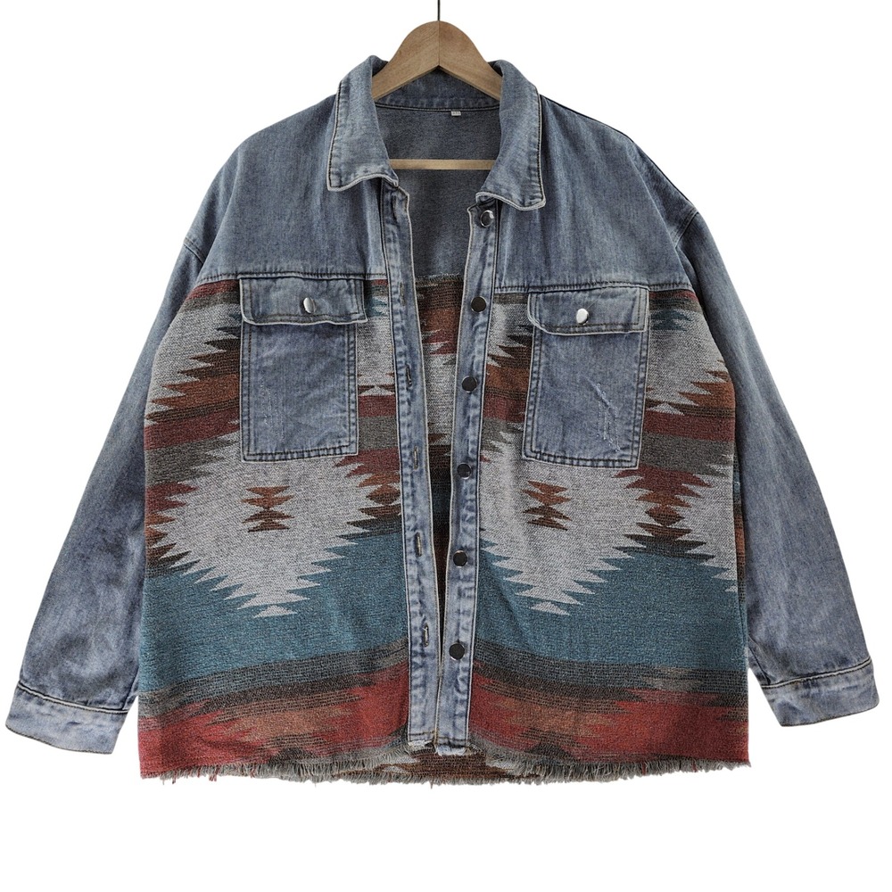 Denim Shacket Womens 2XL Southwestern Aztec Geometric Woven Western Boho